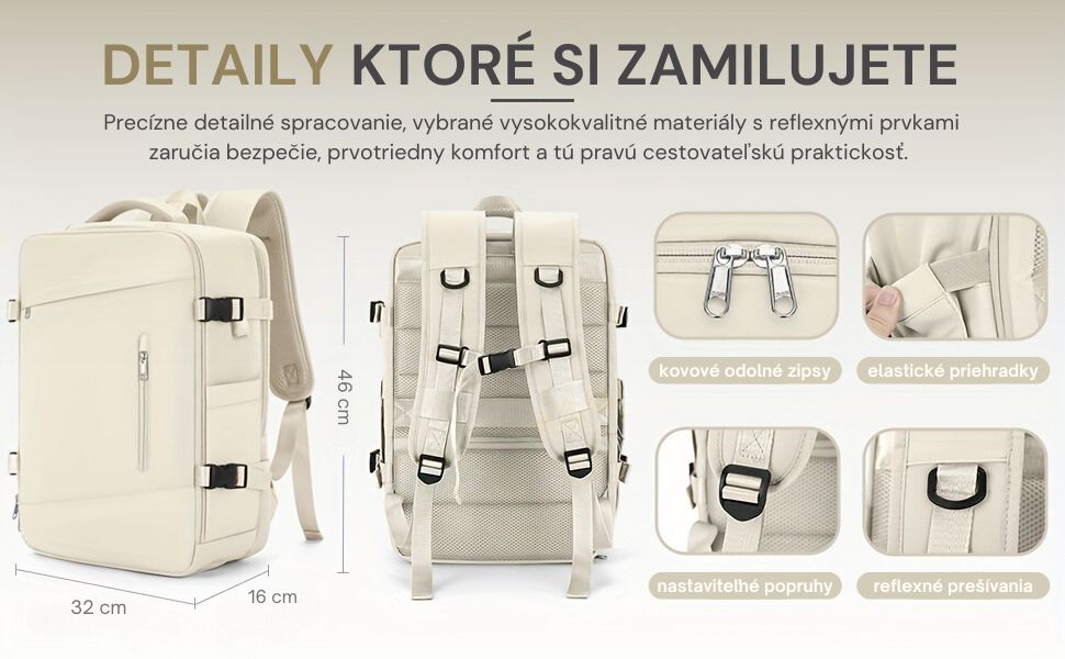 Batoh s precíznym detailným spracovaním, kovovými zipsami, elastickými priehradkami, nastaviteľnými popruhmi a reflexnými prvkami pre zvýšenú bezpečnosť a komfort